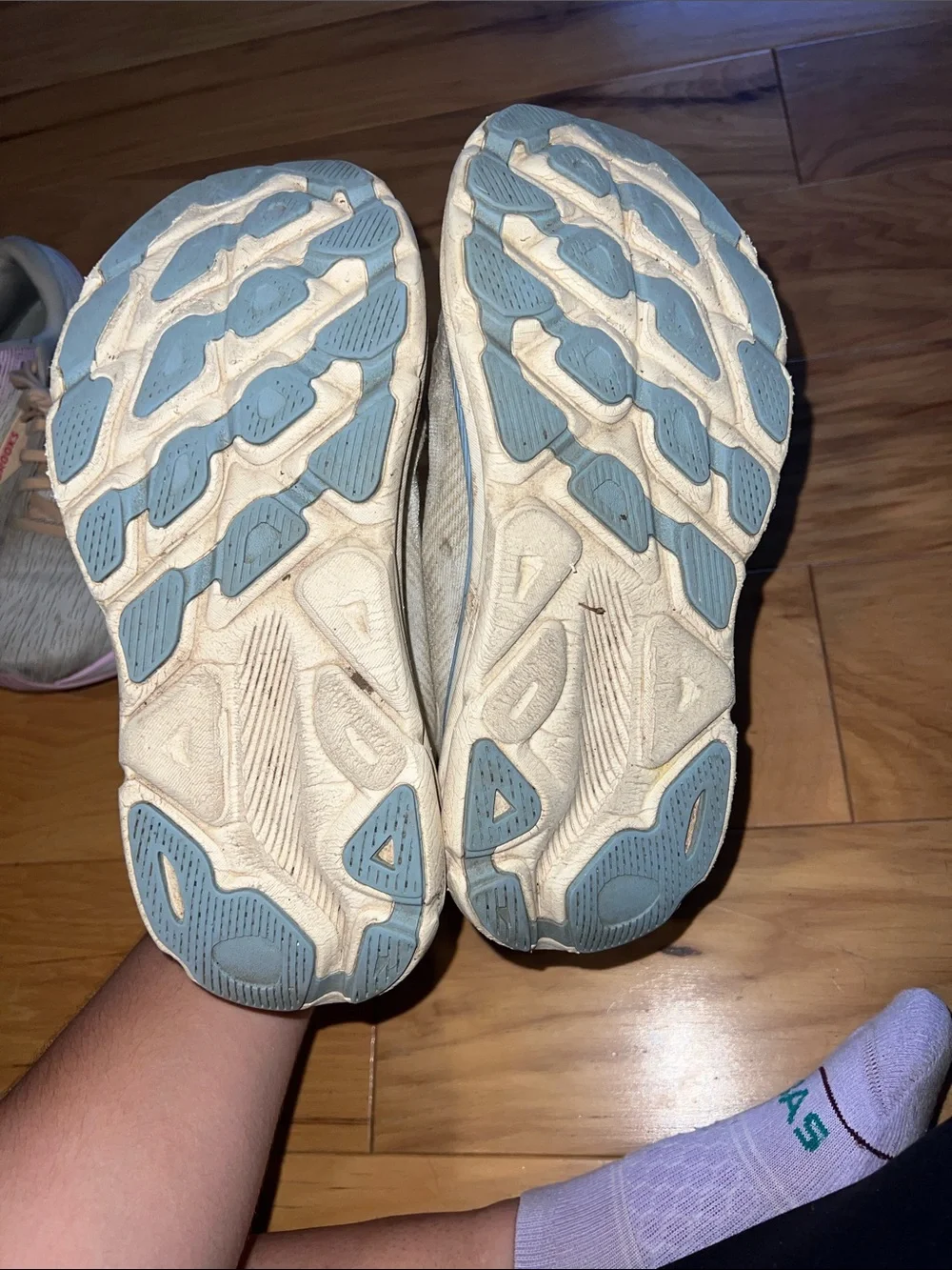Hoka Clifton’s Women's Athletic Running Shoes in Beige with Light Blue Trim